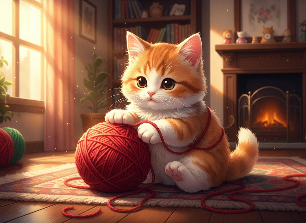 пушистый котёнок играет с клубком ниток, тёплый домашний свет, детальное фото, d