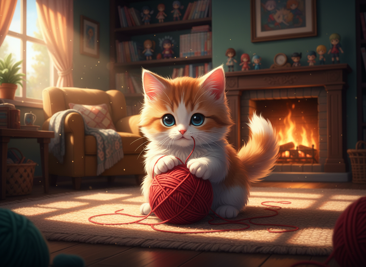 пушистый котёнок играет с клубком ниток, тёплый домашний свет, детальное фото, d
