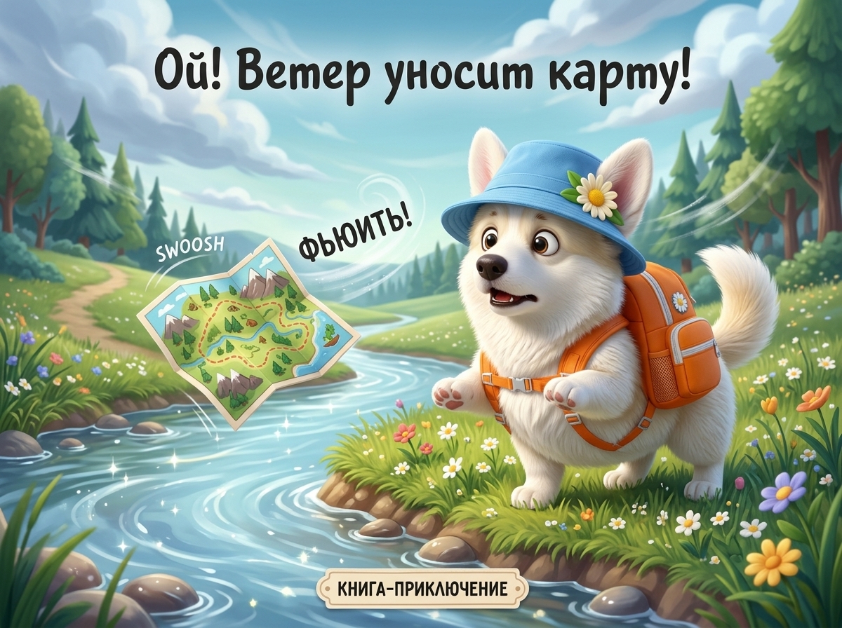 Тот же корги с картинки-образца, налетел ветер и уносит карту прямо в реку, детс